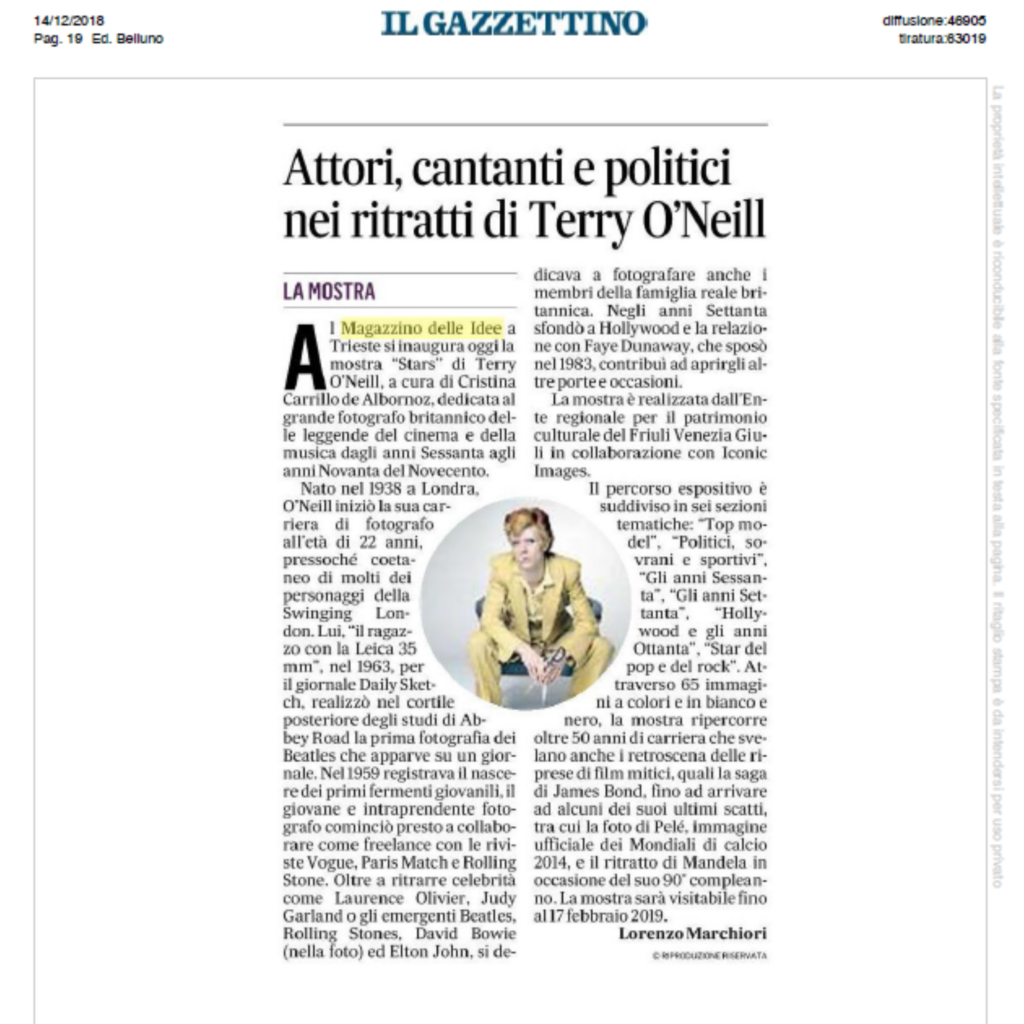 Articolo ilGazzettino mostra Terry O'Neill del Magazzino delle idee